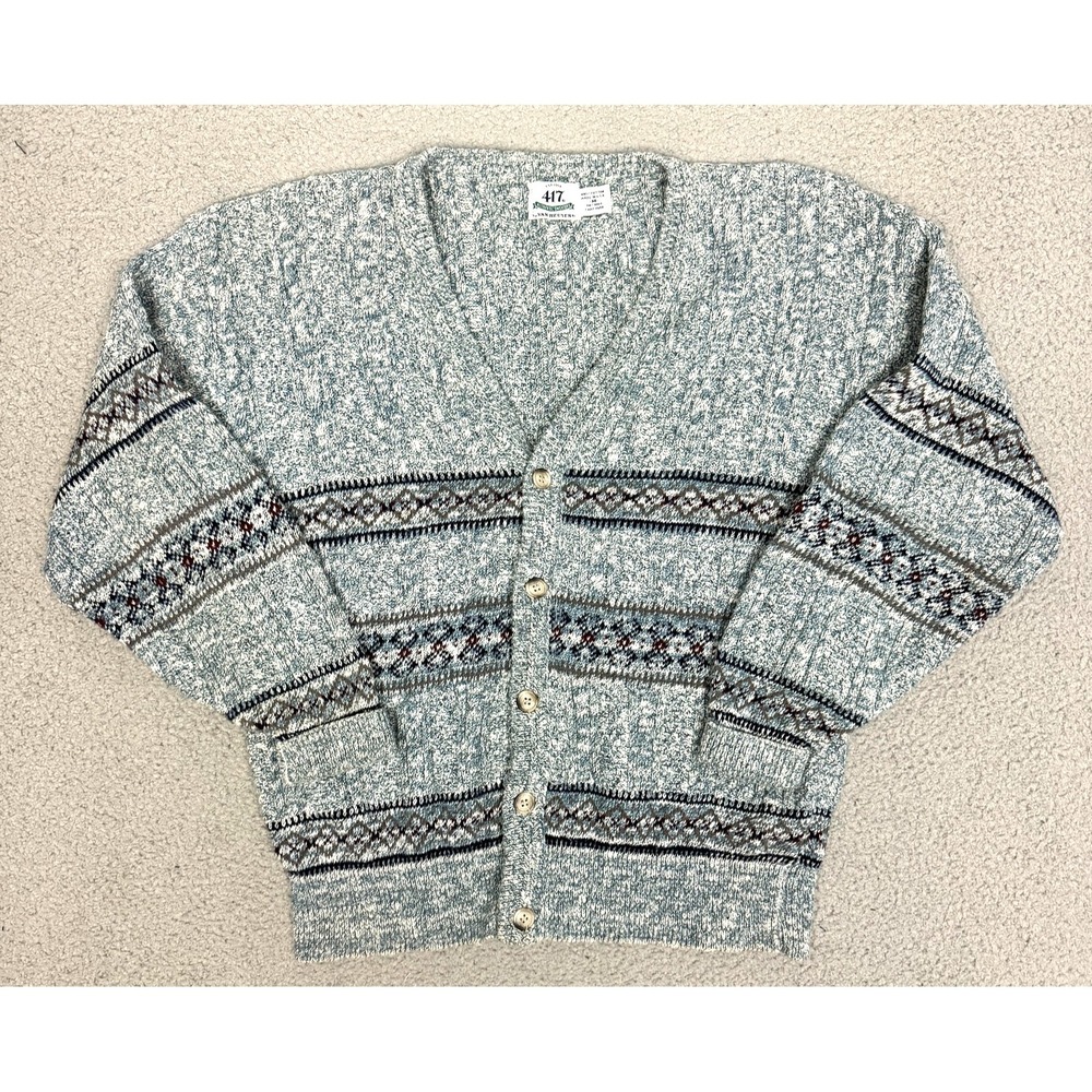 Vintage 90s Sweater Blue Cotton Fair Isle Cardigan USA